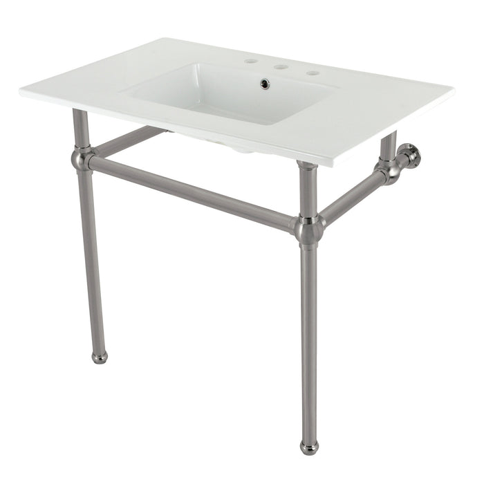 Kingston Heirloom KVBH37227W8BN - Templeton 37-Inch Ceramic Console Sink with Brass Legs (8-Inch, 3-Hole), White/Brushed Nickel