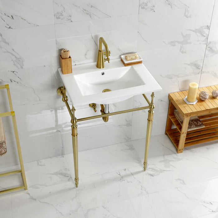 Kingston Heirloom KVPB24187W1BB - Edwardian 24-Inch Ceramic Console Sink with Brass Legs (1-Hole), White/Brushed Brass