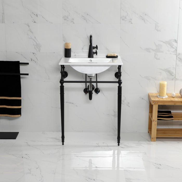 Kingston Heirloom KVPB24187W1MB - Edwardian 24-Inch Ceramic Console Sink with Brass Legs (1-Hole), White/Matte Black