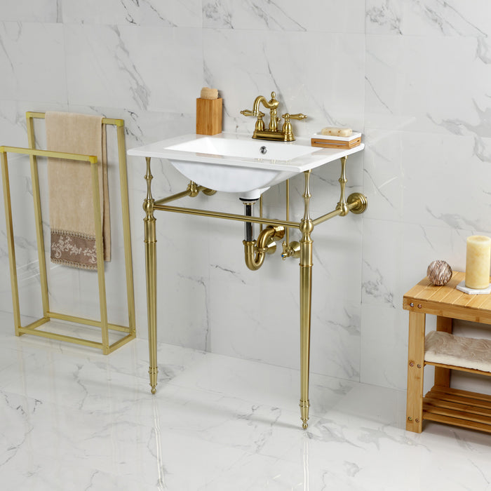 Kingston Heirloom KVPB24187W4BB - Edwardian 24-Inch Ceramic Console Sink with Brass Legs (4-Inch, 3-Hole), White/Brushed Brass
