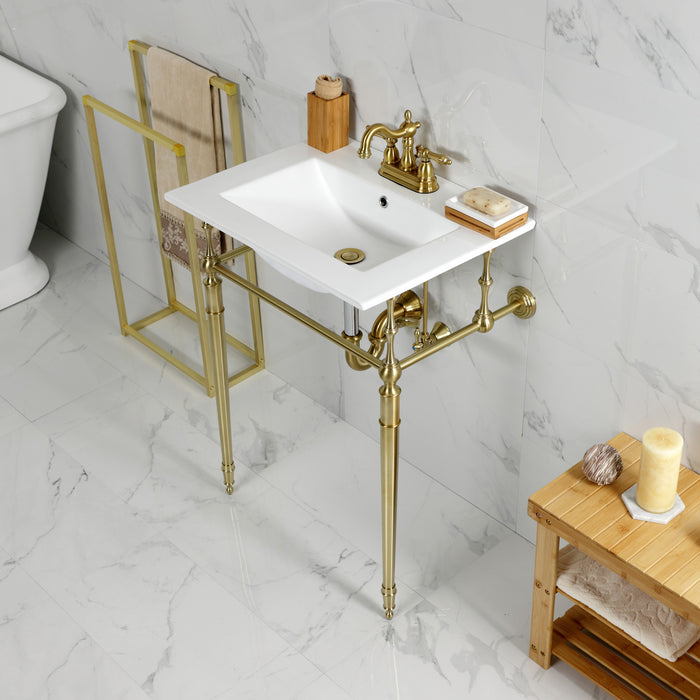 Kingston Heirloom KVPB24187W4BB - Edwardian 24-Inch Ceramic Console Sink with Brass Legs (4-Inch, 3-Hole), White/Brushed Brass