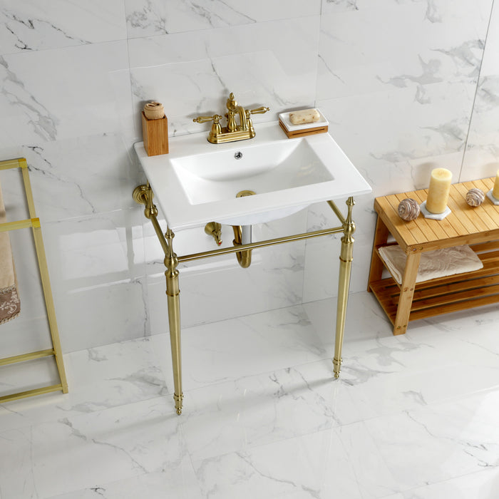 Kingston Heirloom KVPB24187W4BB - Edwardian 24-Inch Ceramic Console Sink with Brass Legs (4-Inch, 3-Hole), White/Brushed Brass
