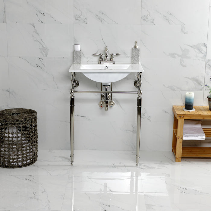 Kingston Heirloom KVPB24187W4PN - Edwardian 24-Inch Ceramic Console Sink with Brass Legs (4-Inch, 3-Hole), White/Polished Nickel