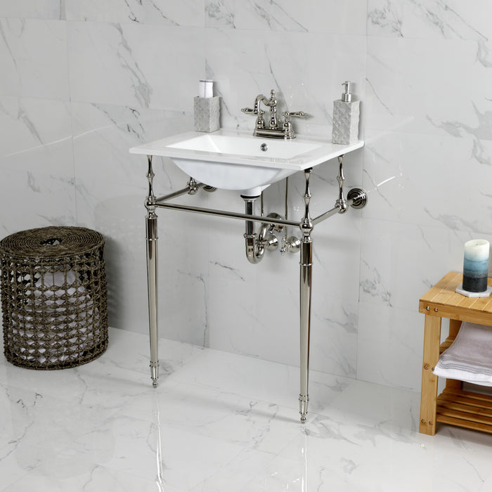 Kingston Heirloom KVPB24187W4PN - Edwardian 24-Inch Ceramic Console Sink with Brass Legs (4-Inch, 3-Hole), White/Polished Nickel