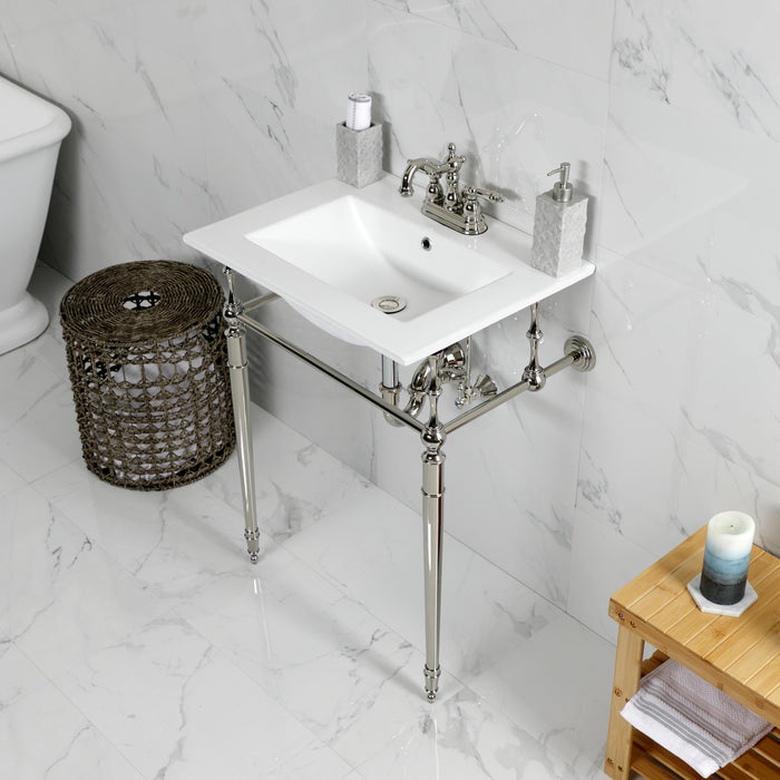 Kingston Heirloom KVPB24187W4PN - Edwardian 24-Inch Ceramic Console Sink with Brass Legs (4-Inch, 3-Hole), White/Polished Nickel