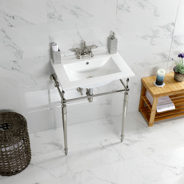 Kingston Heirloom KVPB24187W4PN - Edwardian 24-Inch Ceramic Console Sink with Brass Legs (4-Inch, 3-Hole), White/Polished Nickel