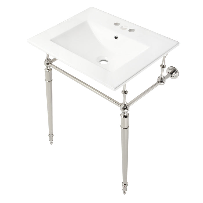 Kingston Heirloom KVPB24187W4PN - Edwardian 24-Inch Ceramic Console Sink with Brass Legs (4-Inch, 3-Hole), White/Polished Nickel