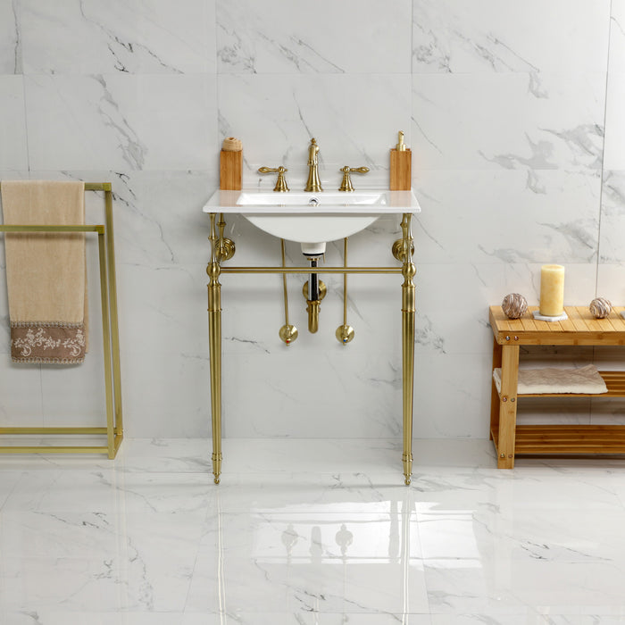 Edwardian KVPB24187W8BB 24-Inch Ceramic Console Sink with Brass Legs (8-Inch, 3-Hole), White/Brushed Brass