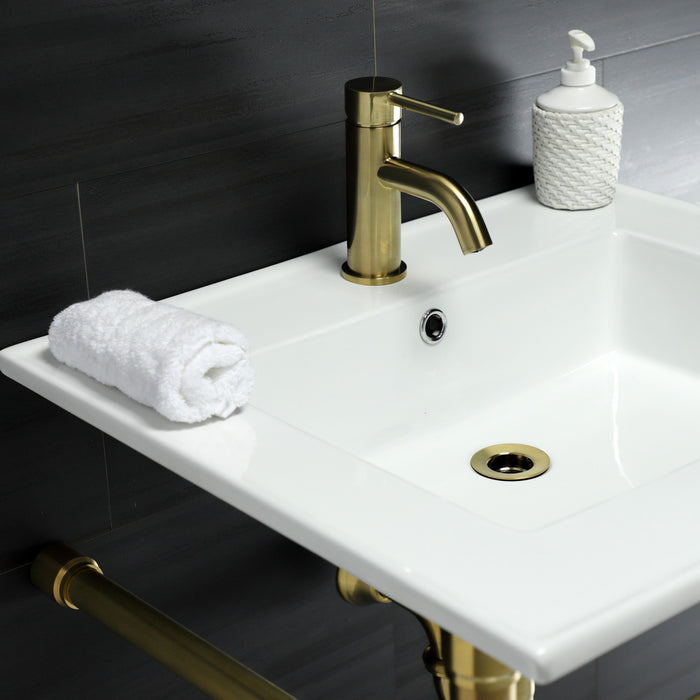 Kingston Tulare KVPB2522717 - Dreyfuss 25-Inch Ceramic Console Sink with Stainless Steel Legs (1-Hole), White/Brushed Brass