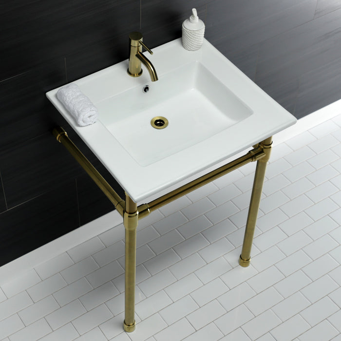 Kingston Tulare KVPB2522717 - Dreyfuss 25-Inch Ceramic Console Sink with Stainless Steel Legs (1-Hole), White/Brushed Brass