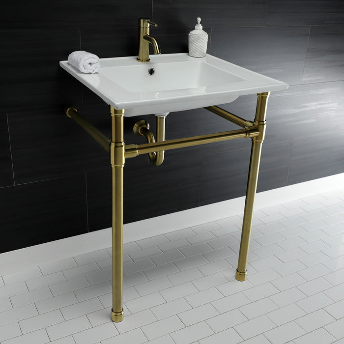 Kingston Tulare KVPB2522717 - Dreyfuss 25-Inch Ceramic Console Sink with Stainless Steel Legs (1-Hole), White/Brushed Brass
