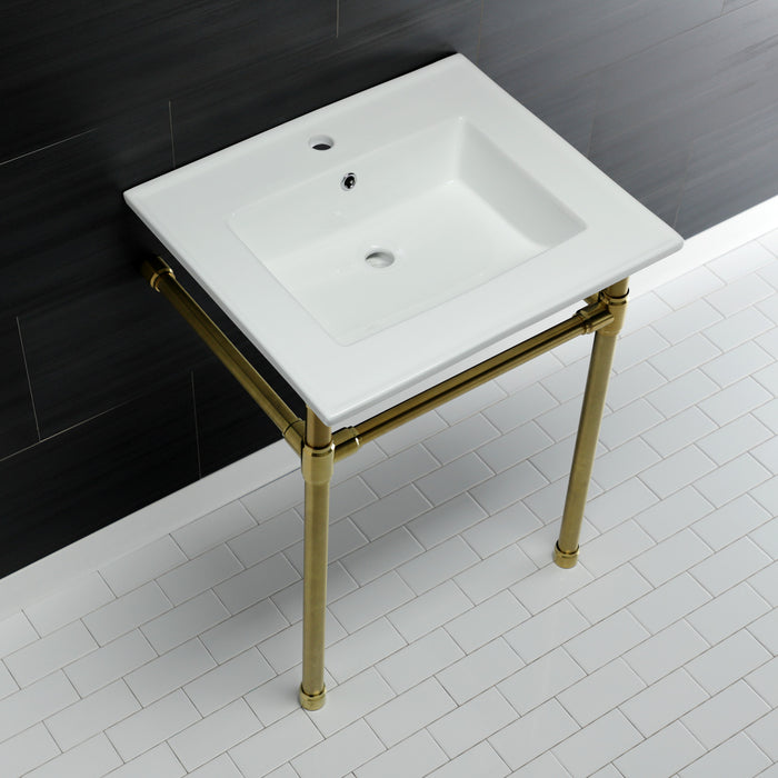 Kingston Tulare KVPB2522717 - Dreyfuss 25-Inch Ceramic Console Sink with Stainless Steel Legs (1-Hole), White/Brushed Brass