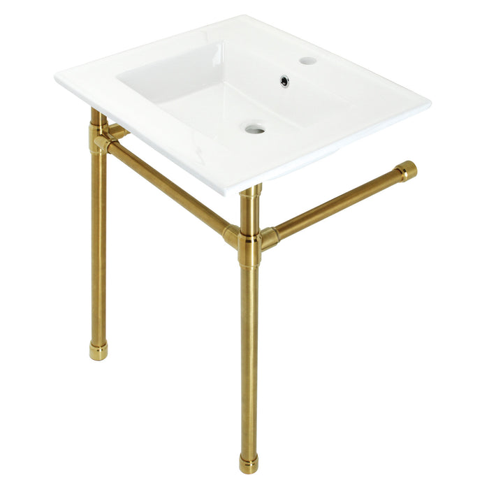 Kingston Tulare KVPB2522717 - Dreyfuss 25-Inch Ceramic Console Sink with Stainless Steel Legs (1-Hole), White/Brushed Brass