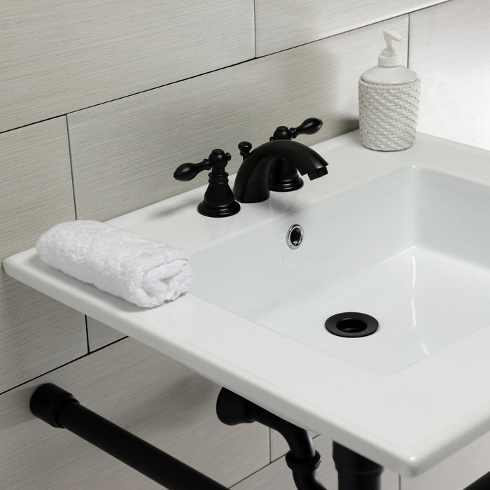 Kingston Tulare KVPB25227W40 - Dreyfuss 25-Inch Ceramic Console Sink with Stainless Steel Legs (4-Inch, 3-Hole), White/Matte Black