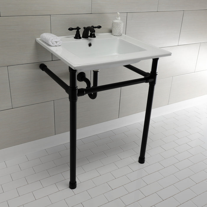Kingston Tulare KVPB25227W40 - Dreyfuss 25-Inch Ceramic Console Sink with Stainless Steel Legs (4-Inch, 3-Hole), White/Matte Black