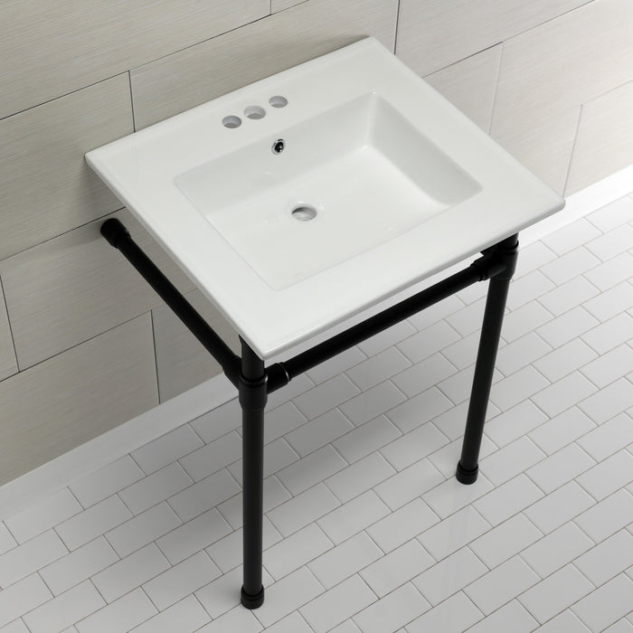 Kingston Tulare KVPB25227W40 - Dreyfuss 25-Inch Ceramic Console Sink with Stainless Steel Legs (4-Inch, 3-Hole), White/Matte Black