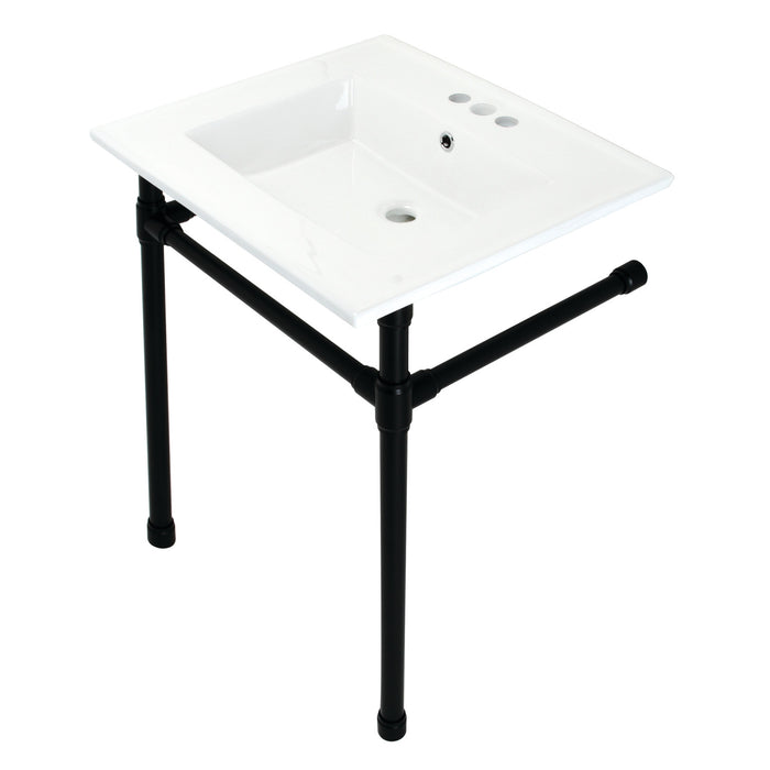 Kingston Tulare KVPB25227W40 - Dreyfuss 25-Inch Ceramic Console Sink with Stainless Steel Legs (4-Inch, 3-Hole), White/Matte Black