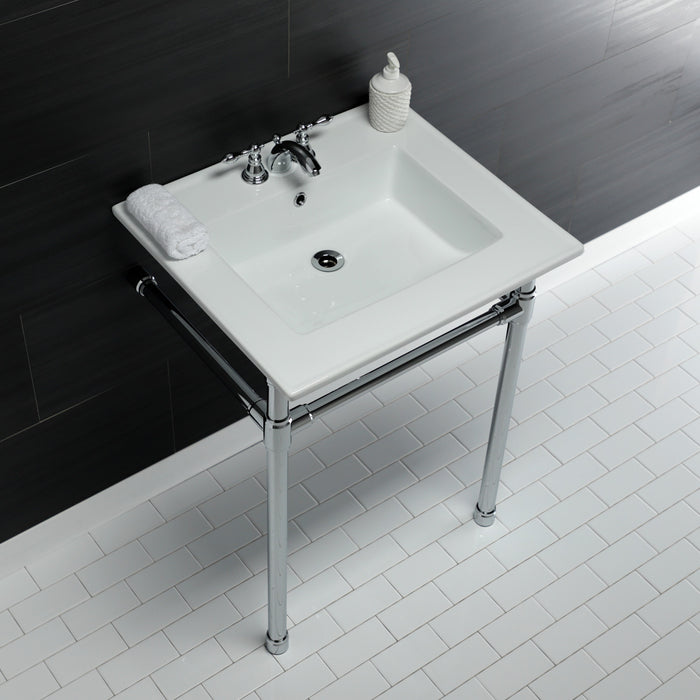 Kingston Tulare KVPB25227W41 - Dreyfuss 25-Inch Ceramic Console Sink with Stainless Steel Legs (4-Inch, 3-Hole), White/Polished Chrome
