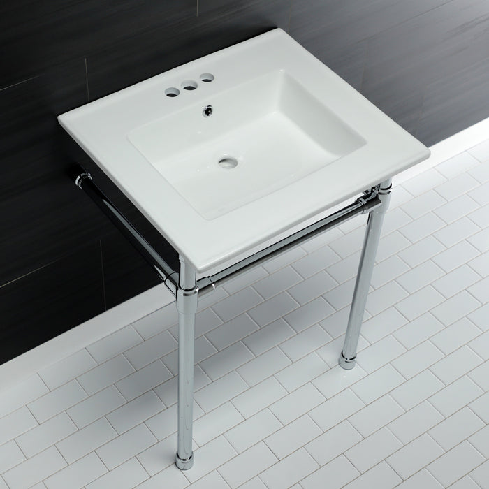 Kingston Tulare KVPB25227W41 - Dreyfuss 25-Inch Ceramic Console Sink with Stainless Steel Legs (4-Inch, 3-Hole), White/Polished Chrome