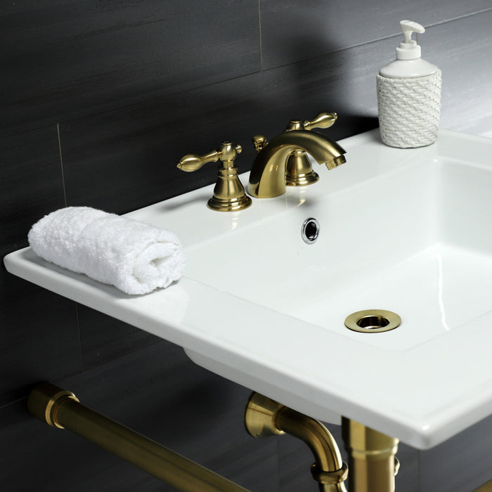 Kingston Tulare KVPB25227W47 - Dreyfuss 25-Inch Ceramic Console Sink with Stainless Steel Legs (4-Inch, 3-Hole), White/Brushed Brass