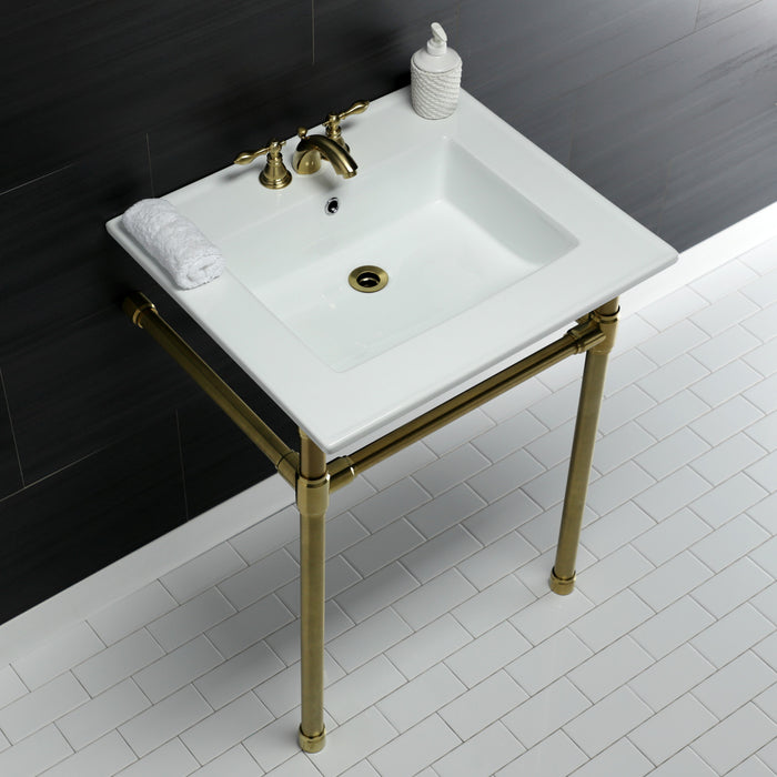 Kingston Tulare KVPB25227W47 - Dreyfuss 25-Inch Ceramic Console Sink with Stainless Steel Legs (4-Inch, 3-Hole), White/Brushed Brass