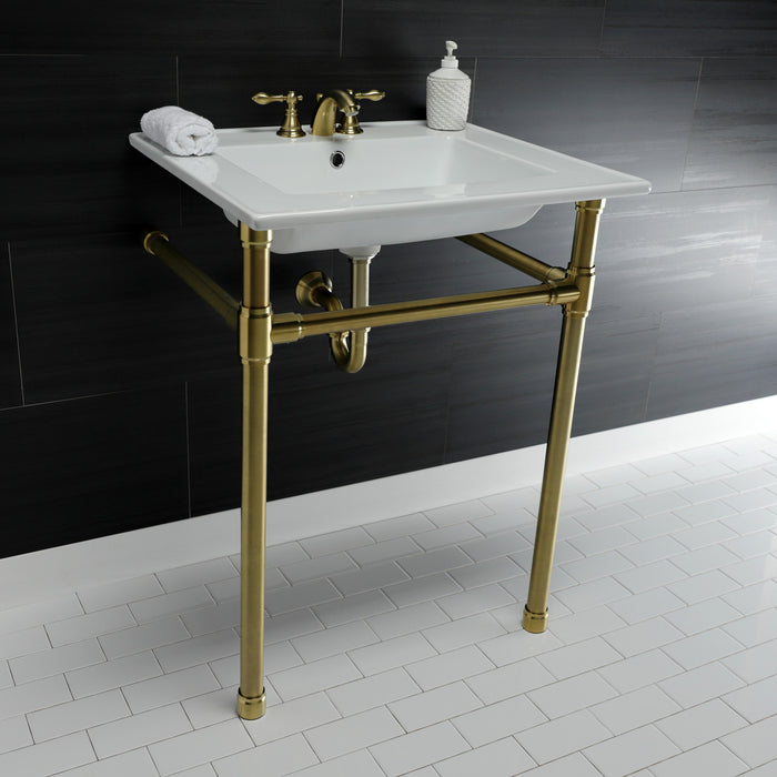 Kingston Tulare KVPB25227W47 - Dreyfuss 25-Inch Ceramic Console Sink with Stainless Steel Legs (4-Inch, 3-Hole), White/Brushed Brass