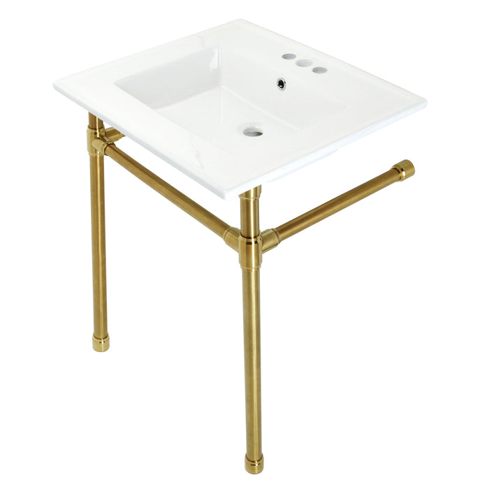 Kingston Tulare KVPB25227W47 - Dreyfuss 25-Inch Ceramic Console Sink with Stainless Steel Legs (4-Inch, 3-Hole), White/Brushed Brass