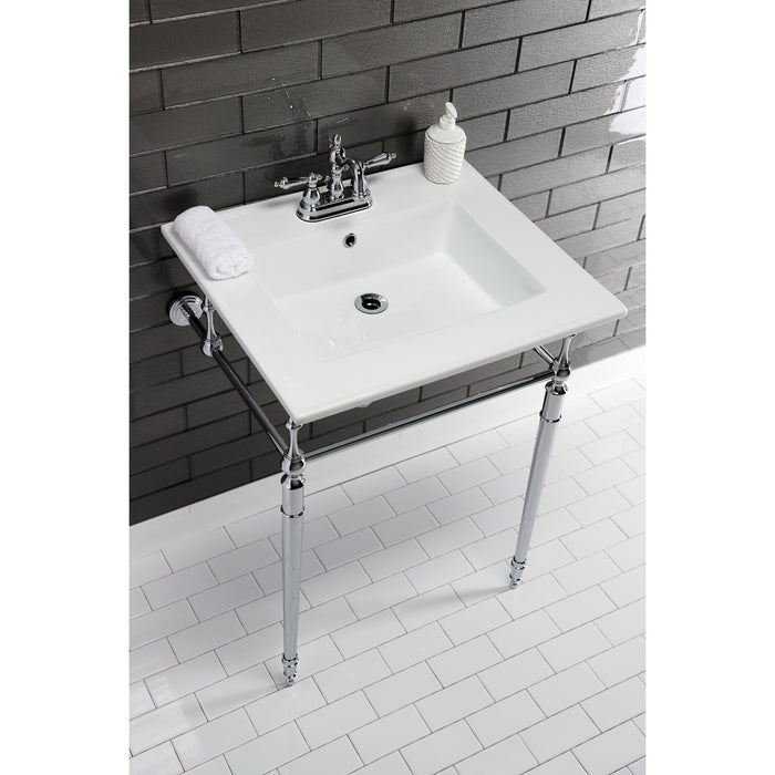 Kingston Heirloom KVPB25227W4CP - Edwardian 25-Inch Ceramic Console Sink with Brass Legs (4-Inch, 3-Hole), White/Polished Chrome