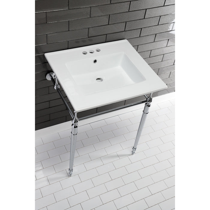 Kingston Heirloom KVPB25227W4CP - Edwardian 25-Inch Ceramic Console Sink with Brass Legs (4-Inch, 3-Hole), White/Polished Chrome