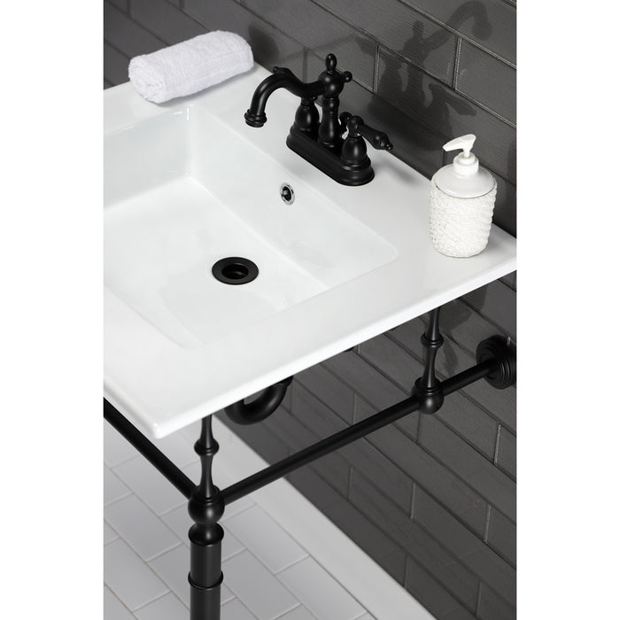 Kingston Heirloom KVPB25227W4MB - Edwardian 25-Inch Ceramic Console Sink with Brass Legs (4-Inch, 3-Hole), White/Matte Black