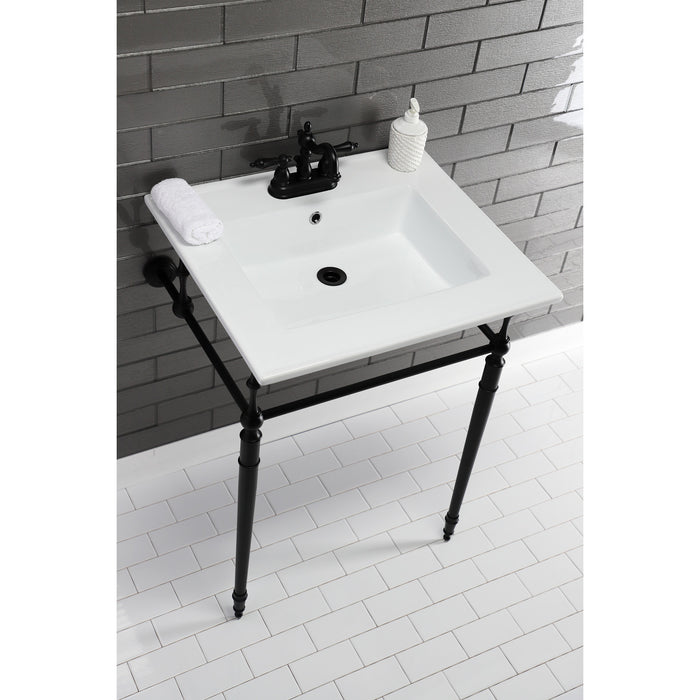 Kingston Heirloom KVPB25227W4MB - Edwardian 25-Inch Ceramic Console Sink with Brass Legs (4-Inch, 3-Hole), White/Matte Black