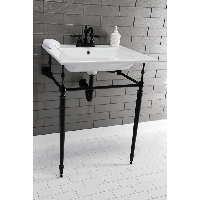 Kingston Heirloom KVPB25227W4MB - Edwardian 25-Inch Ceramic Console Sink with Brass Legs (4-Inch, 3-Hole), White/Matte Black