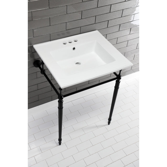 Kingston Heirloom KVPB25227W4MB - Edwardian 25-Inch Ceramic Console Sink with Brass Legs (4-Inch, 3-Hole), White/Matte Black