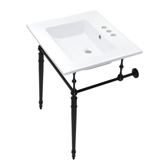 Kingston Heirloom KVPB25227W4MB - Edwardian 25-Inch Ceramic Console Sink with Brass Legs (4-Inch, 3-Hole), White/Matte Black