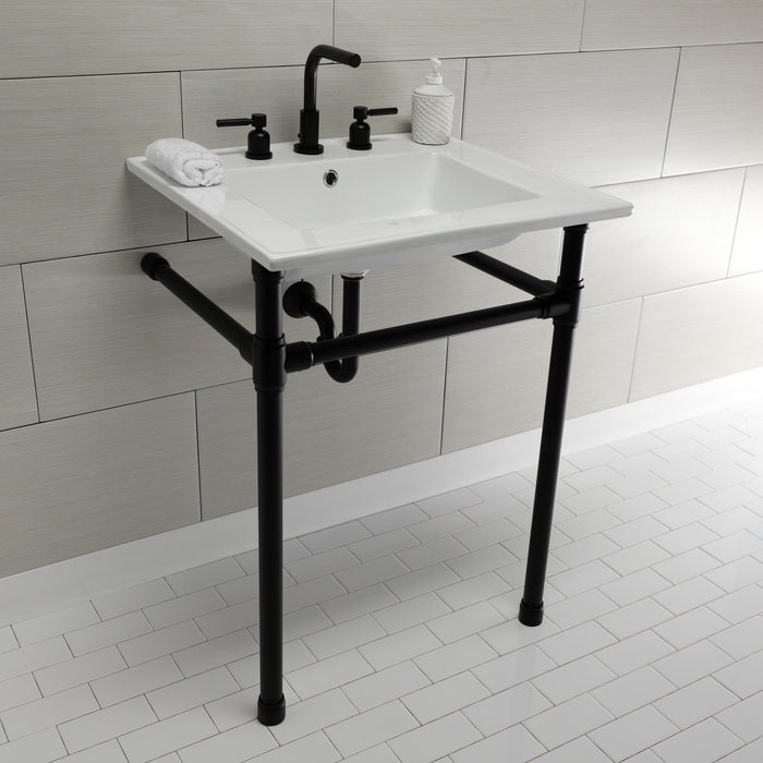 Kingston Tulare KVPB25227W80 - Dreyfuss 25-Inch Ceramic Console Sink with Stainless Steel Legs (8-Inch, 3-Hole), White/Matte Black