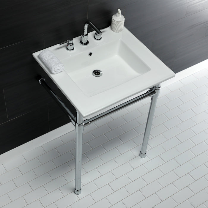 Kingston Tulare KVPB25227W81 - Dreyfuss 25-Inch Ceramic Console Sink with Stainless Steel Legs (8-Inch, 3-Hole), White/Polished Chrome