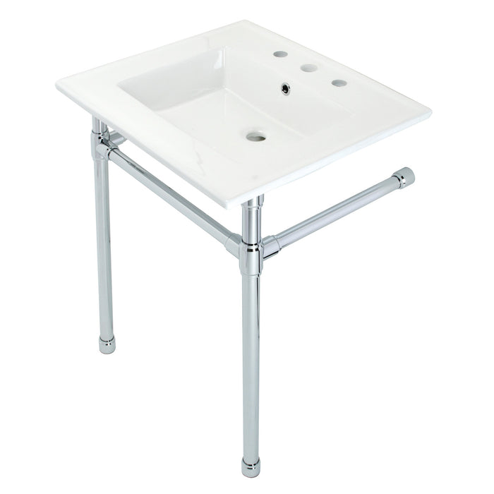 Kingston Tulare KVPB25227W81 - Dreyfuss 25-Inch Ceramic Console Sink with Stainless Steel Legs (8-Inch, 3-Hole), White/Polished Chrome