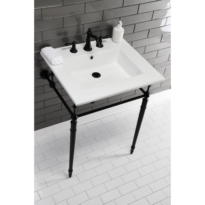 Kingston Heirloom KVPB25227W8MB - Edwardian 25-Inch Ceramic Console Sink with Brass Legs (8-Inch, 3-Hole), White/Matte Black