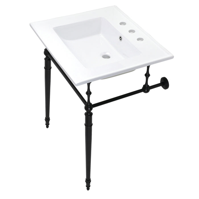 Kingston Heirloom KVPB25227W8MB - Edwardian 25-Inch Ceramic Console Sink with Brass Legs (8-Inch, 3-Hole), White/Matte Black