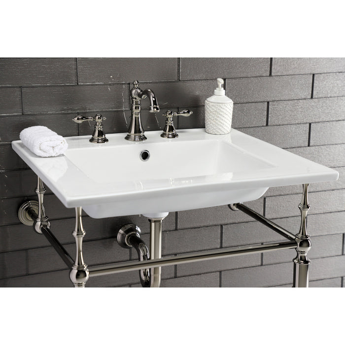 Kingston Heirloom KVPB25227W8PN - Edwardian 25-Inch Ceramic Console Sink with Brass Legs (8-Inch, 3-Hole), White/Polished Nickel