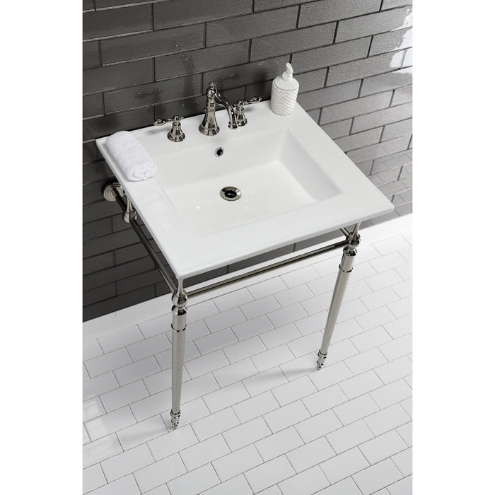 Kingston Heirloom KVPB25227W8PN - Edwardian 25-Inch Ceramic Console Sink with Brass Legs (8-Inch, 3-Hole), White/Polished Nickel