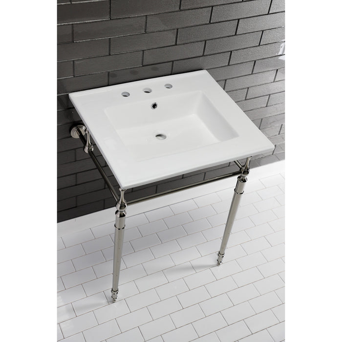 Kingston Heirloom KVPB25227W8PN - Edwardian 25-Inch Ceramic Console Sink with Brass Legs (8-Inch, 3-Hole), White/Polished Nickel