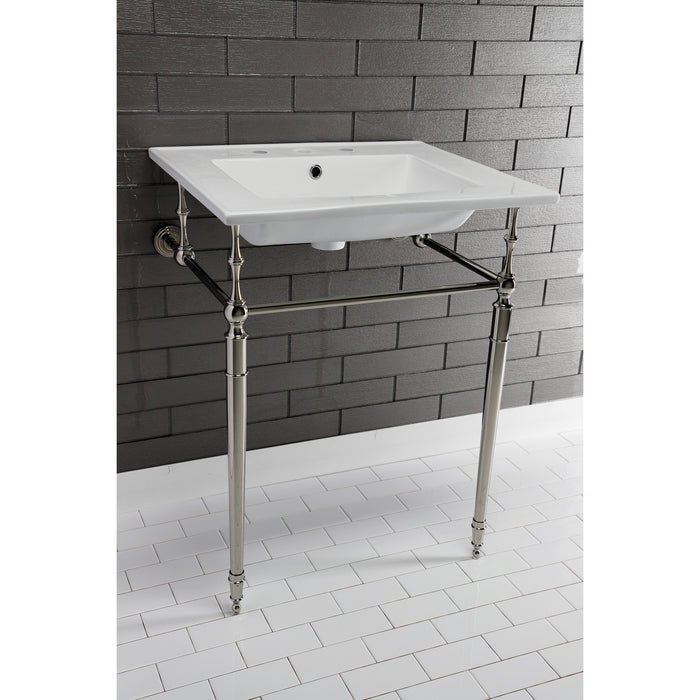 Kingston Heirloom KVPB25227W8PN - Edwardian 25-Inch Ceramic Console Sink with Brass Legs (8-Inch, 3-Hole), White/Polished Nickel