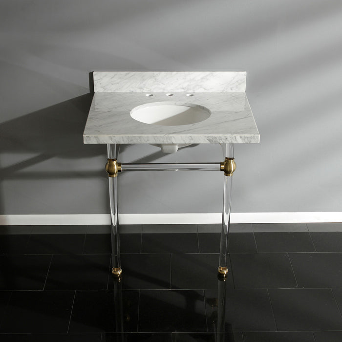 Fauceture KVPB3030MA7 30-Inch Marble Console Sink with Acrylic Feet, Carrara Marble/Brushed Brass