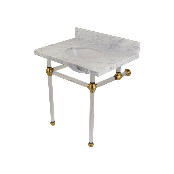 Kingston Tulare KVPB3030MA7 - Templeton 30-Inch Carrara Marble Vanity Top with Acrylic Legs (8-Inch, 3-Hole), Carrara Marble White/Brushed Brass