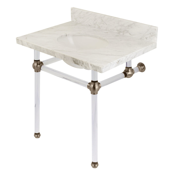 Kingston Tulare KVPB3030MA8 - Templeton 30-Inch Carrara Marble Vanity Top with Acrylic Legs (8-Inch, 3-Hole), Carrara Marble White/Brushed Nickel