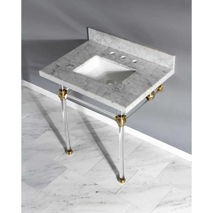 Kingston Tulare KVPB3030MASQ7 - Templeton 30-Inch Carrara Marble Vanity Top with Acrylic Legs (8-Inch, 3-Hole), Carrara Marble White/Brushed Brass