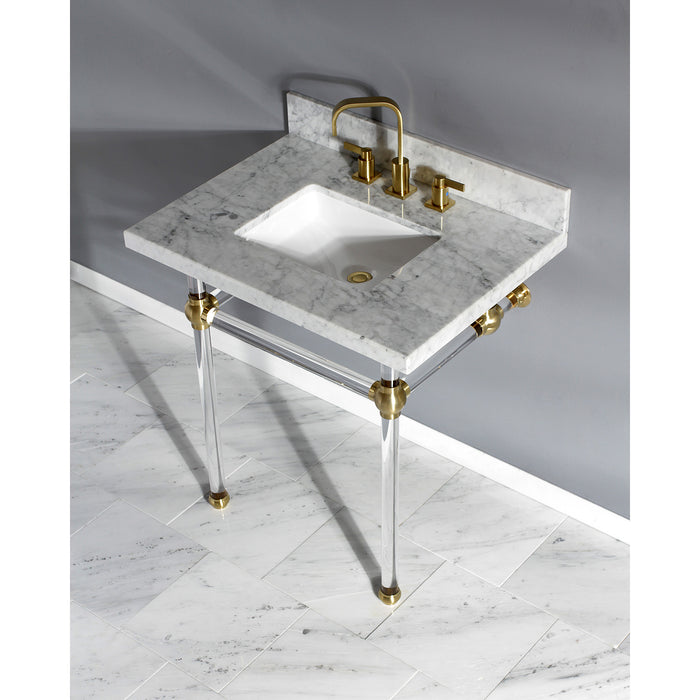 Kingston Tulare KVPB3030MASQ7 - Templeton 30-Inch Carrara Marble Vanity Top with Acrylic Legs (8-Inch, 3-Hole), Carrara Marble White/Brushed Brass