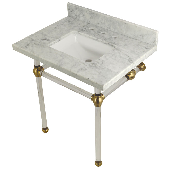 Kingston Tulare KVPB3030MASQ7 - Templeton 30-Inch Carrara Marble Vanity Top with Acrylic Legs (8-Inch, 3-Hole), Carrara Marble White/Brushed Brass
