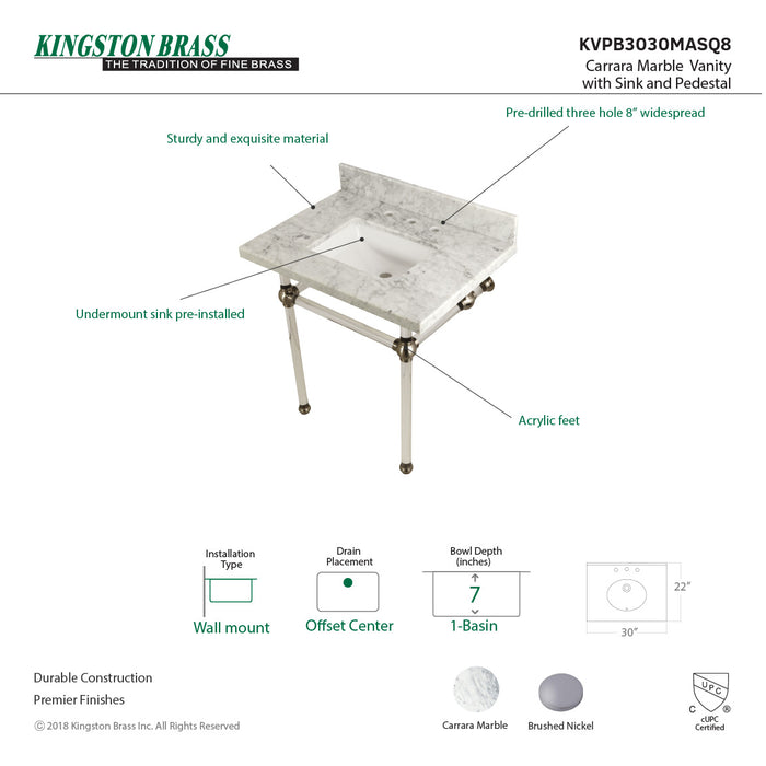 Kingston Tulare KVPB3030MASQ8 - Templeton 30-Inch Carrara Marble Vanity Top with Acrylic Legs (8-Inch, 3-Hole), Carrara Marble White/Brushed Nickel